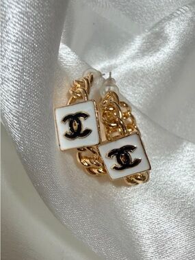 CHANEL Gold Chain Hoop Earrings with White Enamel CC Squares